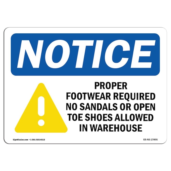 OSHA Sign, Proper Footwear Required No With Symbol, 18in X 12in Aluminum, 18" W, 12" H, Landscape